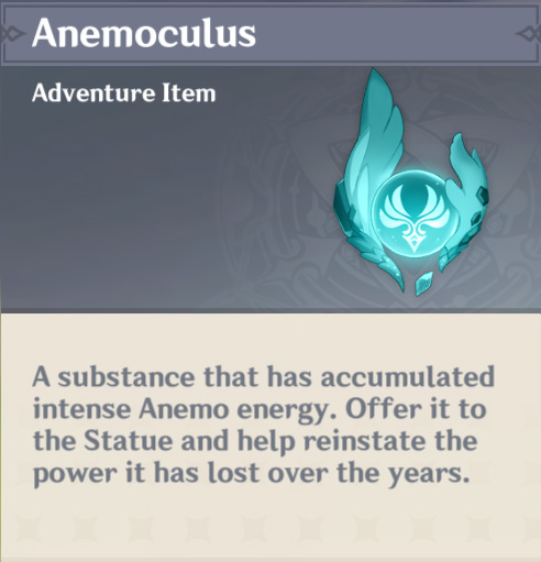 Anemoculus description card in the player inventory.